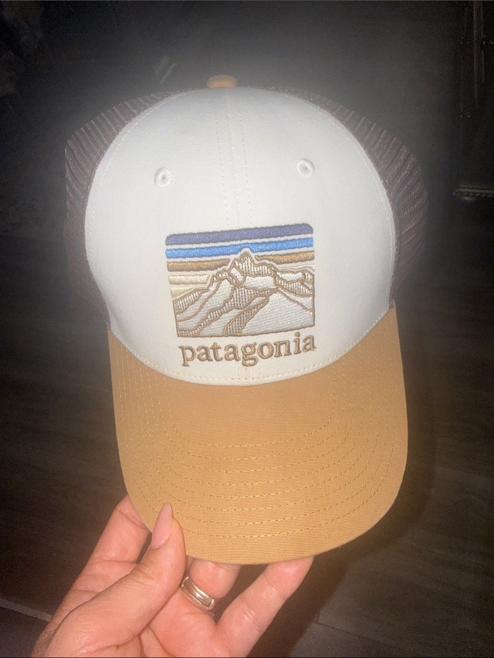Patagonia men’s Trucker Hat in White, Tan and Brown with Mountain Patch